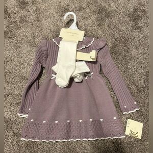 Sweet Lavender Knit Baby Dress with Ivory Tights